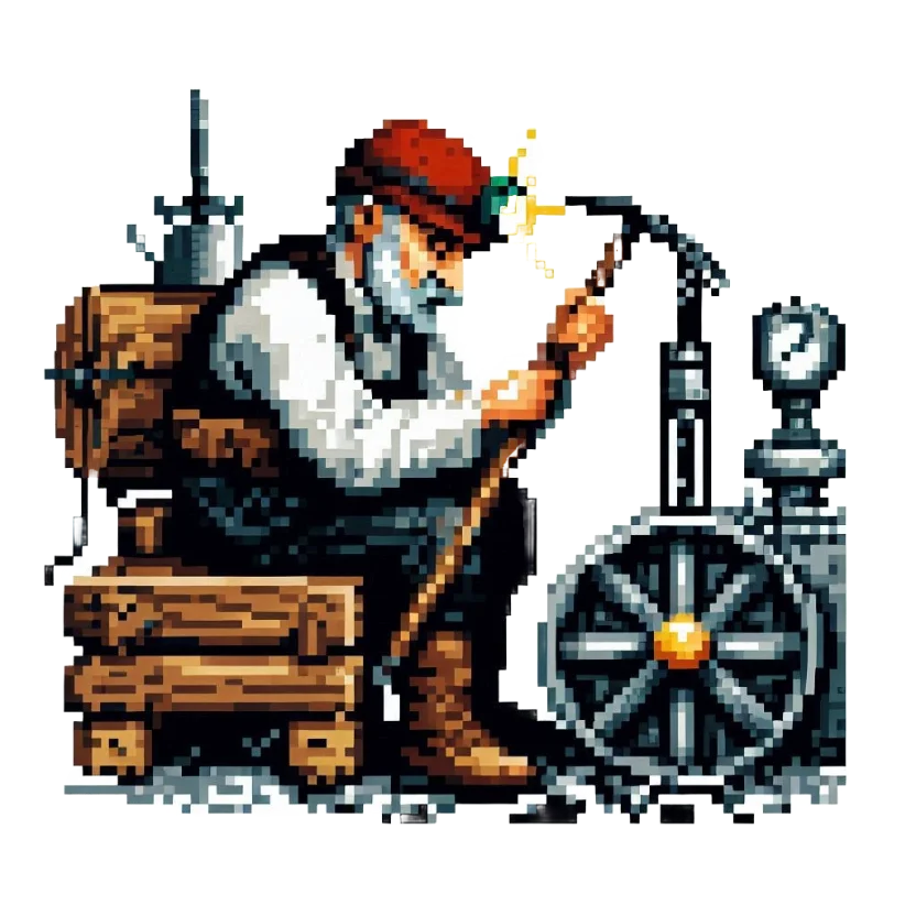 Pixelgrafik: Ein älterer Arbeiter mit roter Mütze sitzt auf einer Holzkiste und schweißt an einer Maschine